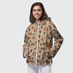 Ветровка с капюшоном женская Узор с пряниками и специями для глинтвейна, цвет: 3D-белый — фото 2