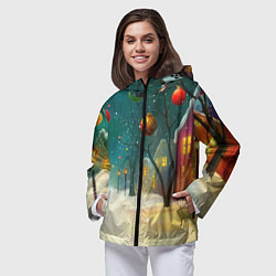 Ветровка с капюшоном женская Новогодние шары и тропинка, цвет: 3D-черный — фото 2