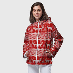 Ветровка с капюшоном женская Вязаный новогодний орнамент с оленями и ёлками, цвет: 3D-белый — фото 2