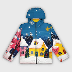 Ветровка с капюшоном женская Желтые и розовые новогодние домики, цвет: 3D-черный