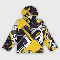 Ветровка с капюшоном женская Бело-жёлтый техно паттерн на чёрном фоне, цвет: 3D-белый