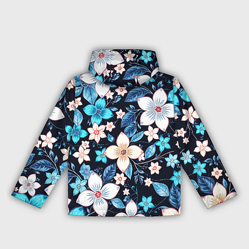 Женская ветровка Сине-белые цветы на чёрном фоне / 3D-Черный – фото 2