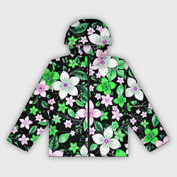 Ветровка с капюшоном женская Зелёно-белые цветы на чёрном фоне, цвет: 3D-черный