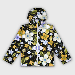 Ветровка с капюшоном женская Жёлто-белые цветы на чёрном фоне, цвет: 3D-белый