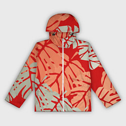 Ветровка с капюшоном женская Отпечатки монстеры на красном, цвет: 3D-белый