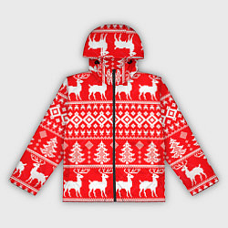 Ветровка с капюшоном женская Новогодние мотивы елки и олени на красном, цвет: 3D-черный