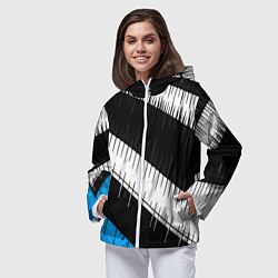 Ветровка с капюшоном женская Диагональные чёрно-белые полосы на синем фоне, цвет: 3D-белый — фото 2