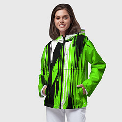 Ветровка с капюшоном женская Вертикальные чёрно-белые линии на зелёном фоне, цвет: 3D-черный — фото 2