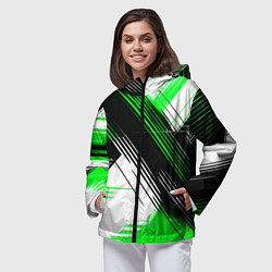 Ветровка с капюшоном женская Диагональные зелёно-чёрные линии на белом фоне, цвет: 3D-черный — фото 2