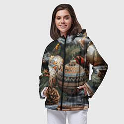 Ветровка с капюшоном женская Новогодние шары и шишки, цвет: 3D-черный — фото 2