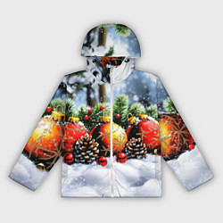 Ветровка с капюшоном женская Красные и желтый новогодние шары, цвет: 3D-белый