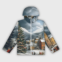 Ветровка с капюшоном женская Новогодняя огромная елка и маленькие домики, цвет: 3D-белый