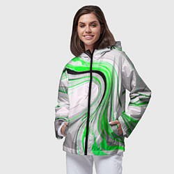 Ветровка с капюшоном женская Волнистые чёрно-зелёные линии на белом фоне, цвет: 3D-черный — фото 2