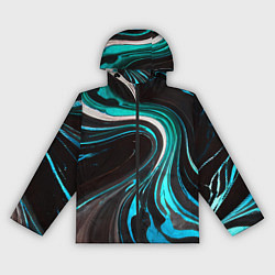 Ветровка с капюшоном женская Волнистые бело-голубые линии на чёрном фоне, цвет: 3D-черный