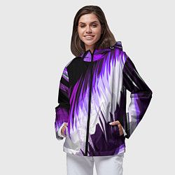 Ветровка с капюшоном женская Бело-фиолетовые острые полосы на чёрном фоне, цвет: 3D-черный — фото 2