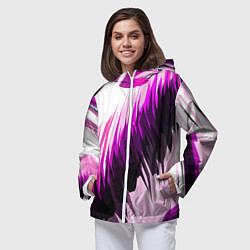 Ветровка с капюшоном женская Чёрно-розовые острые полосы на белом фоне, цвет: 3D-белый — фото 2