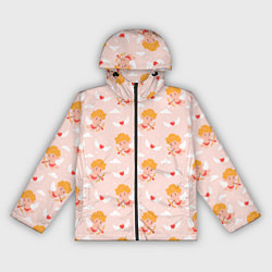 Ветровка с капюшоном женская Паттерн с милыми купидонами и крылатыми сердечками, цвет: 3D-черный