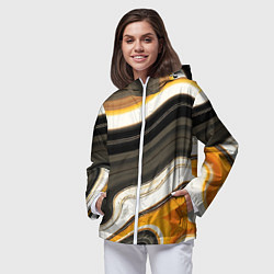 Ветровка с капюшоном женская Волнистые чёрно-жёлтые полосы на белом фоне, цвет: 3D-белый — фото 2