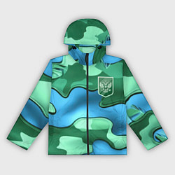 Ветровка с капюшоном женская Зелено-голубой камуфляж и герб РФ, цвет: 3D-черный