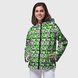 Ветровка с капюшоном женская Киберпанк шестиугольники зелёные, цвет: 3D-черный — фото 2
