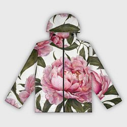 Ветровка с капюшоном женская Розовые пионы на белом, цвет: 3D-черный