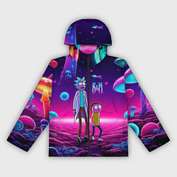 Ветровка с капюшоном женская Морти и Рик на планете неоновых сказочных грибов, цвет: 3D-черный