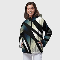 Ветровка с капюшоном женская Чёрно-белый с синим затемнением полосы, цвет: 3D-черный — фото 2