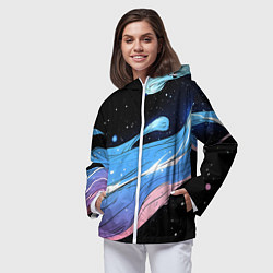 Ветровка с капюшоном женская Синяя волна на черном - текстура, цвет: 3D-белый — фото 2