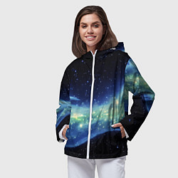 Ветровка с капюшоном женская Синяя волна с зеленым оттенком на черном, цвет: 3D-белый — фото 2