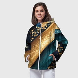 Ветровка с капюшоном женская Золотая полоса на бирюзовой текстуре, цвет: 3D-белый — фото 2