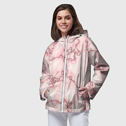 Ветровка с капюшоном женская Розовая абстракция с мраморной текстурой и блеском, цвет: 3D-белый — фото 2