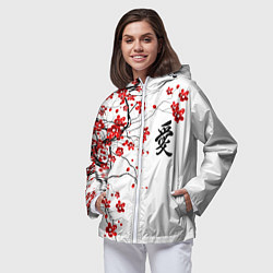 Ветровка с капюшоном женская Сакура с иероглифом Любовь, цвет: 3D-белый — фото 2