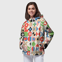 Ветровка с капюшоном женская Геометрический узор с цветочными элементами - ретр, цвет: 3D-белый — фото 2
