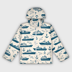 Ветровка с капюшоном женская Морской паттерн из чаек, якорей и кораблей, цвет: 3D-белый