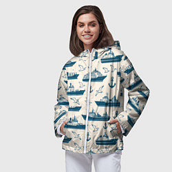 Ветровка с капюшоном женская Морской паттерн из чаек, якорей и кораблей, цвет: 3D-белый — фото 2