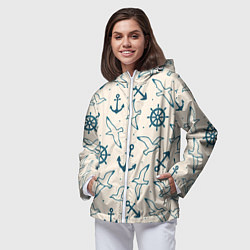 Ветровка с капюшоном женская Морской паттерн из штурвалов, чаек и якорей, цвет: 3D-белый — фото 2