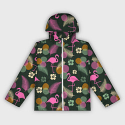 Ветровка с капюшоном женская Фламинго и листья на темно-зеленом, цвет: 3D-белый