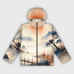 Ветровка с капюшоном женская Таинственный Японский пейзаж - акварель, цвет: 3D-черный