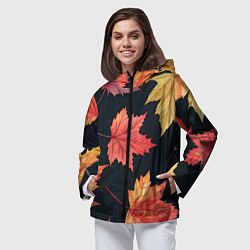 Ветровка с капюшоном женская Кленовые листья на черном - акварельный паттерн, цвет: 3D-черный — фото 2
