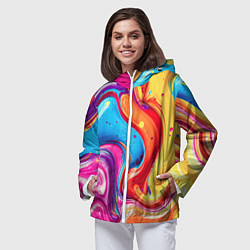 Ветровка с капюшоном женская Смесь красно-жёлто-голубых масляных красок абстрак, цвет: 3D-белый — фото 2