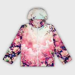 Ветровка с капюшоном женская Фантастический цветочный розовый с облаками, цвет: 3D-белый